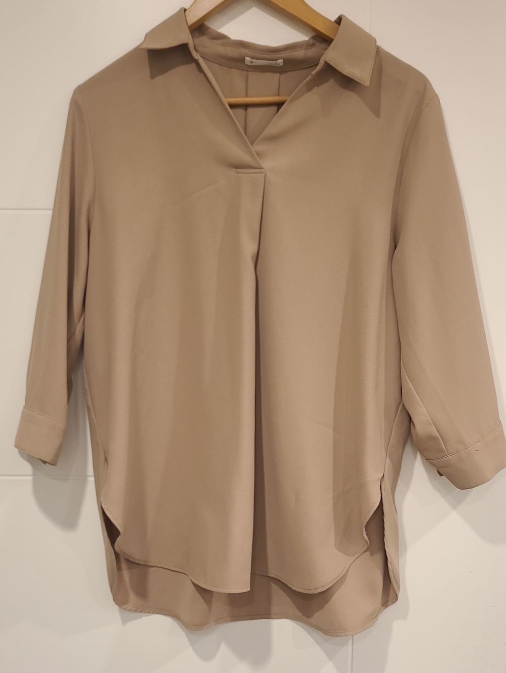 Beige Collared V-Neck Blouse - Women Tops